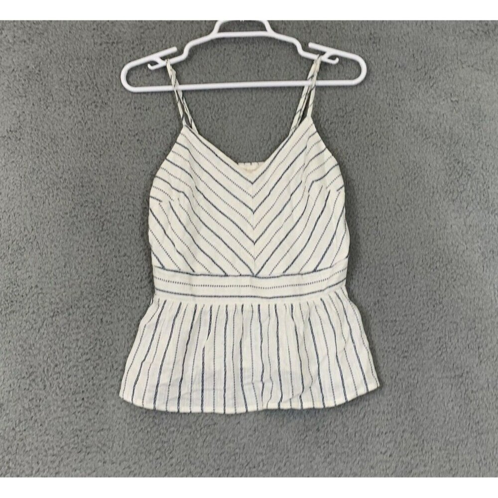 Monteau V Neck Striped Linen Babydoll Tank Top Peplum Hem Women's Size Small